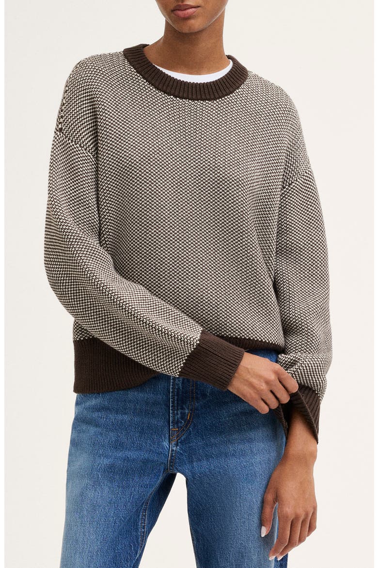 Textured Stitch Crewneck Sweater in 100% Cotton, Main, color, CANVAS AND DARK BROWN PATTERN