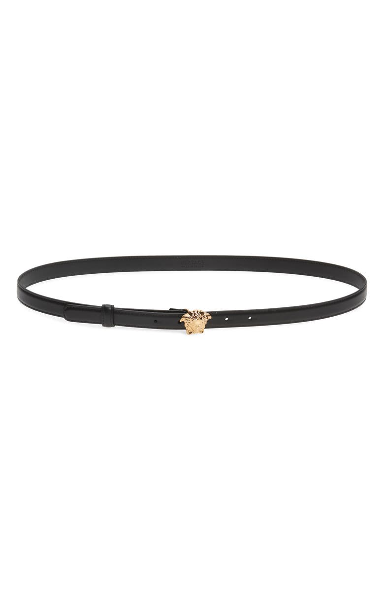 Versace Medusa Leather Skinny Belt, Main, color, Black/ Gold