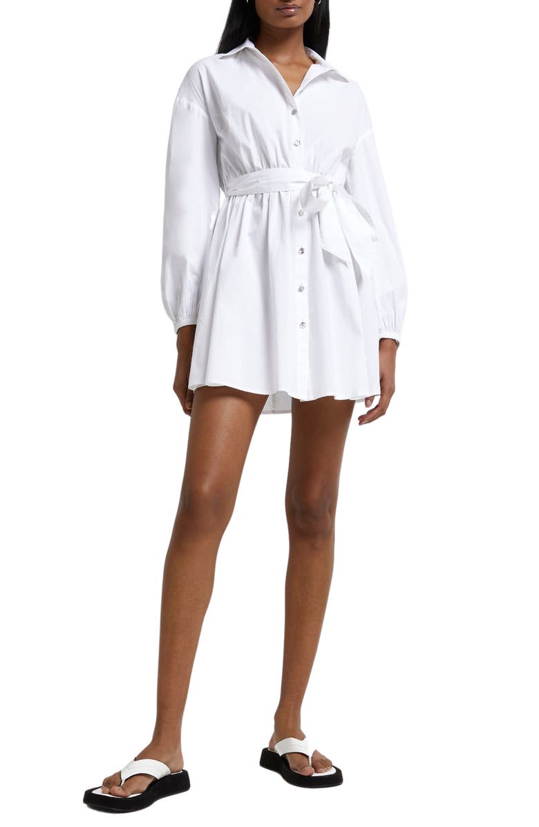 River Island Tie Waist Long Sleeve Cotton Shirtdress, Main, color, 