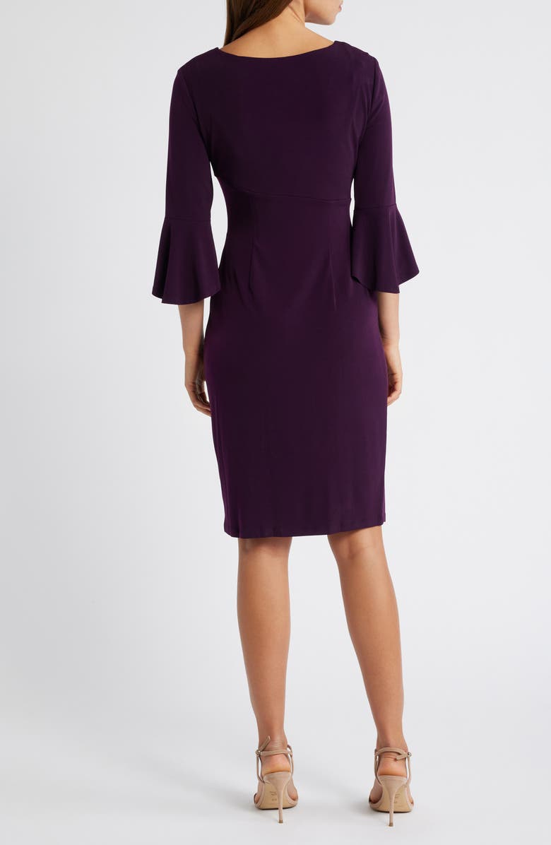 Connected Apparel Ruched Bell Sleeve Faux Wrap Cocktail Dress, Alternate, color, Aubergine