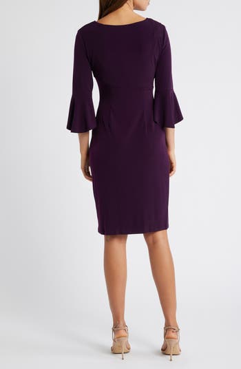 Ruched Bell Sleeve Faux Wrap Cocktail Dress