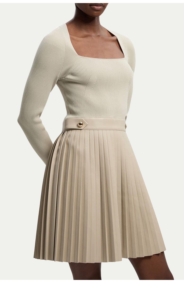 Karen Millen Square Neck Pleated PU Skirt Mini Dress, Alternate, color, Stone