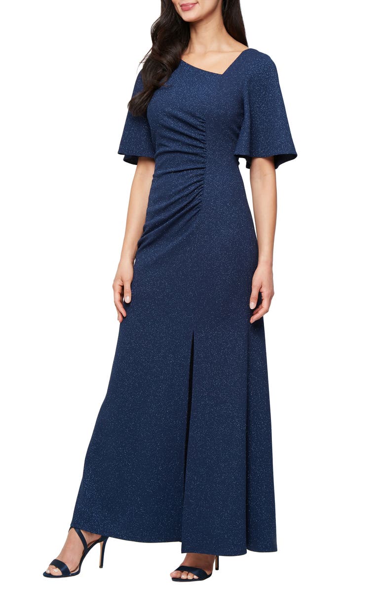 SL FASHIONS Glitter Ruched Flutter Sleeve Gown, Main, color, Navy
