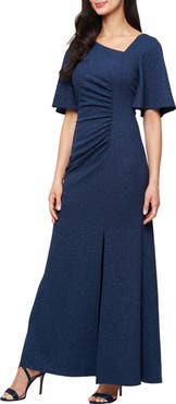 SL FASHIONS Glitter Ruched Flutter Sleeve Gown