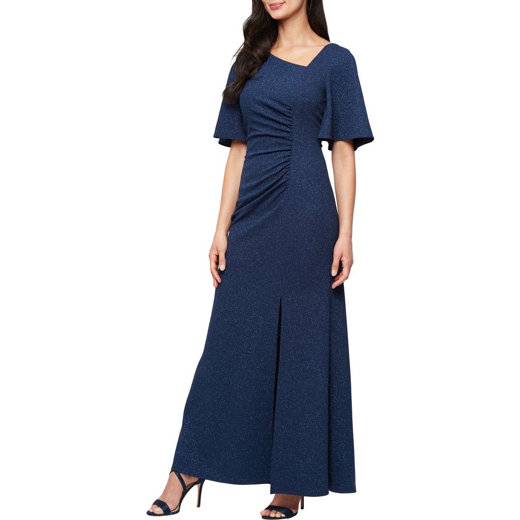 Sl Fashions Asymmetric Flutter Sleeve Ruched Shimmer Crepe Gown In Navy
