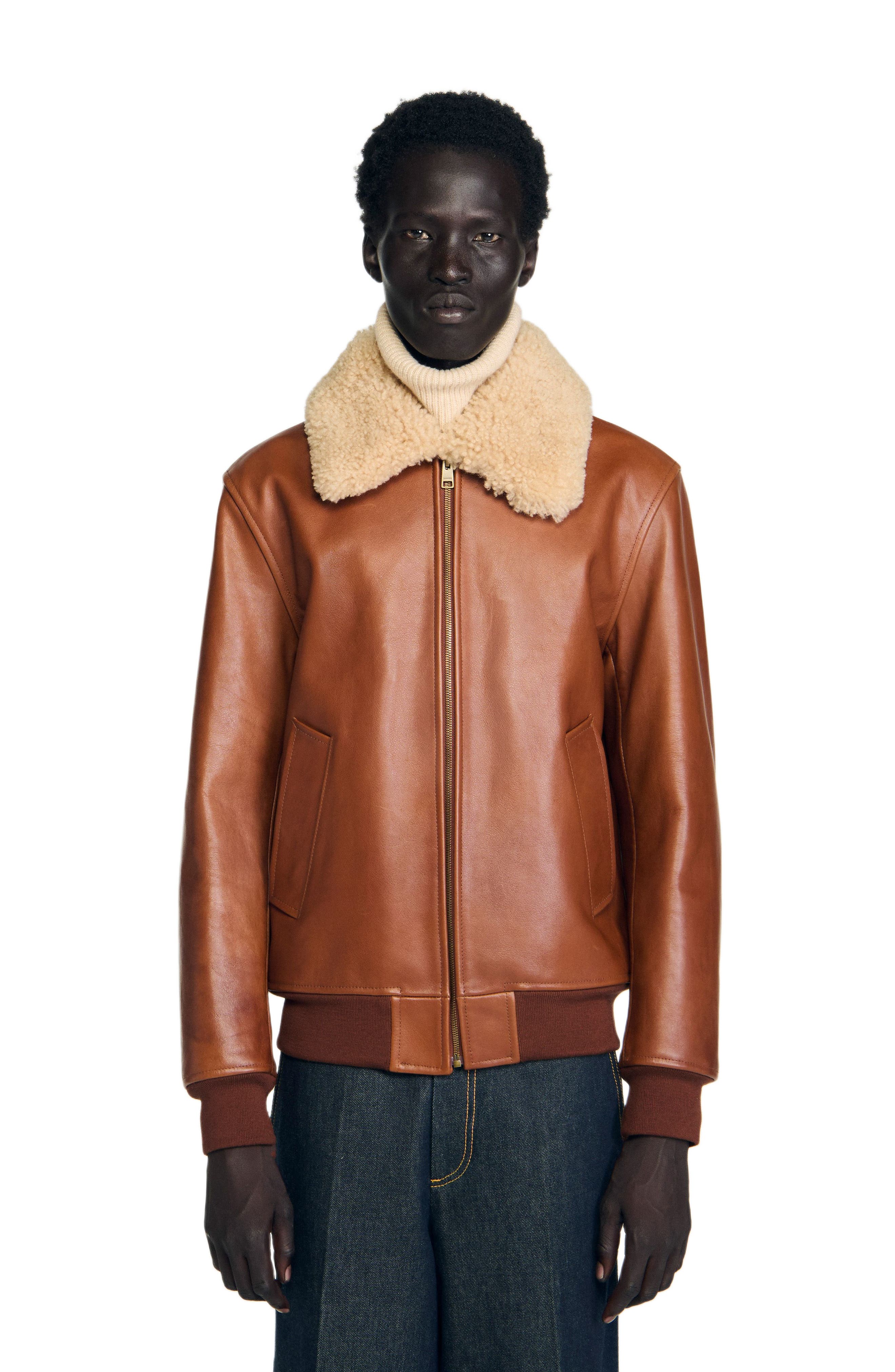 Leather jacket with fur collar