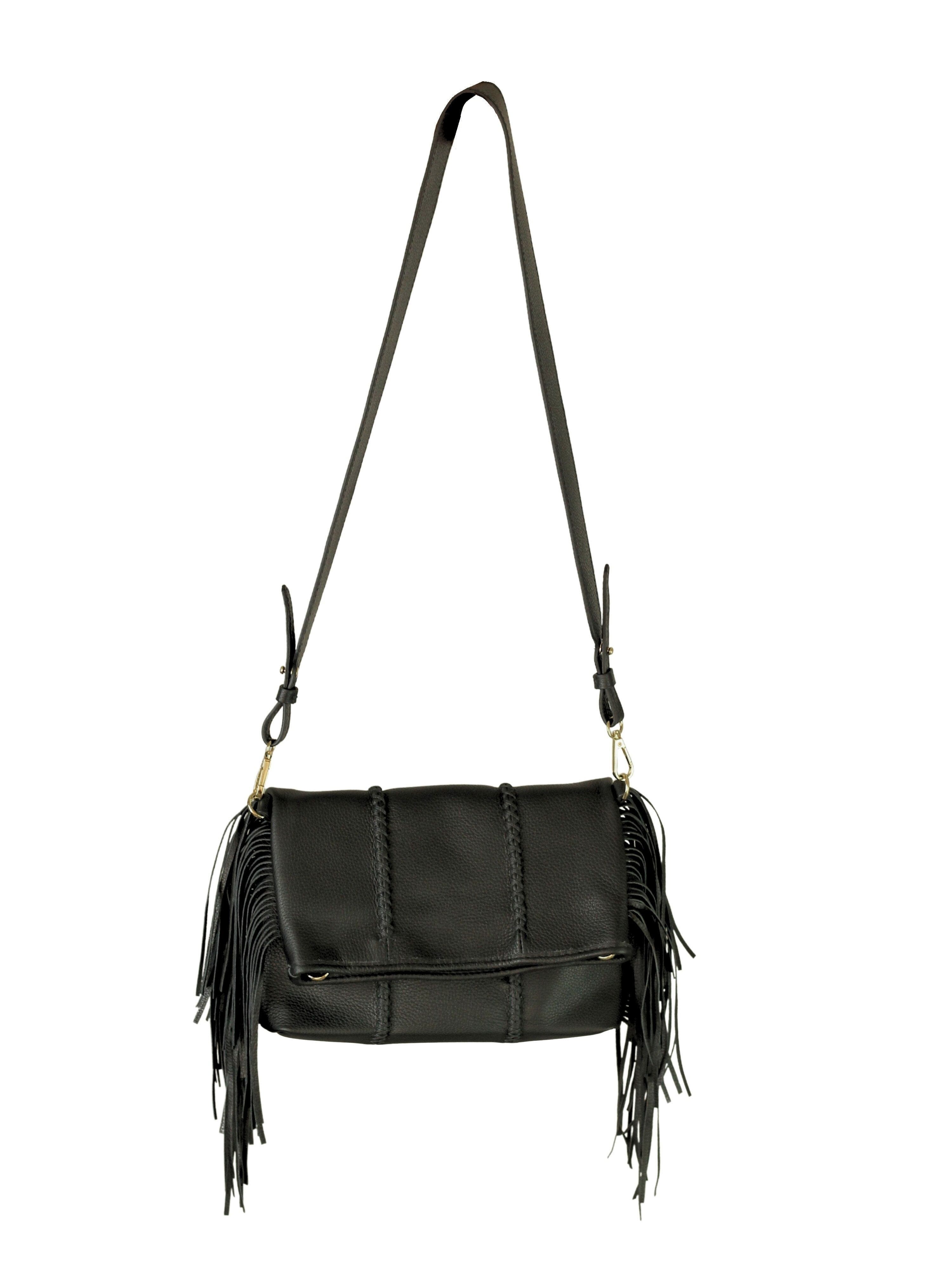 Carlos Falchi Mini Fringe Suede Foldover Crossbody Clutch, Main, color, Black Obsidian