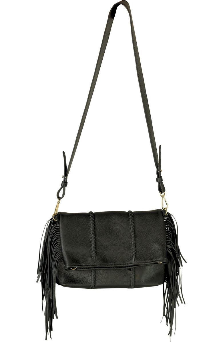 Carlos Falchi Mini Fringe Suede Foldover Crossbody Clutch, Main, color, Black Obsidian