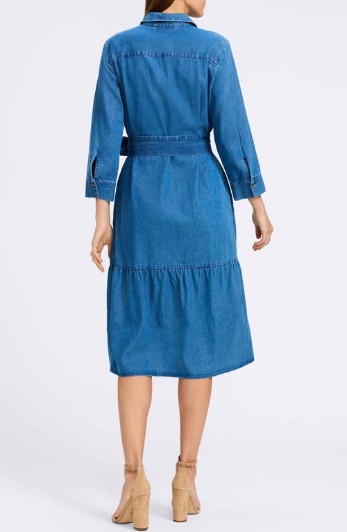 Foxcroft Ivy Long Sleeve Belted Denim Shirtdress In Medium Wash