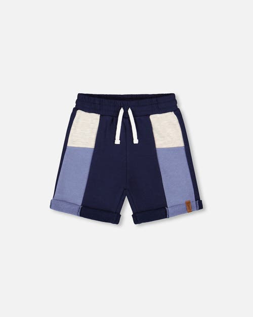 DEUX PAR DEUX DEUX PAR DEUX LITTLE BOY'S FRENCH TERRY COLOR BLOCK SHORT BLUE, NAVY AND CREAM