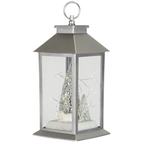 Northlight Led Lighted Polar Bear And Flocked Trees Christmas Lantern In Silver