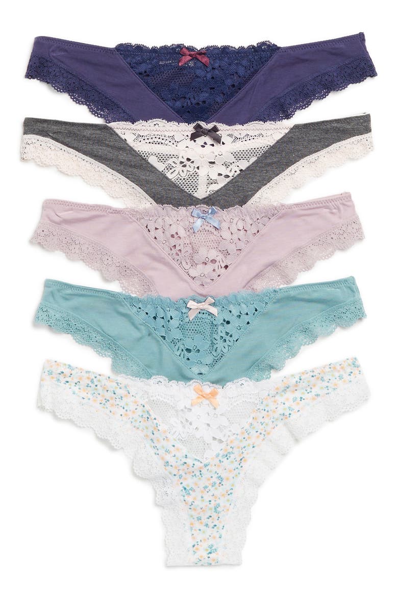 Willow 5-Pack Lace Trim Thongs, Main, color, FASHION1