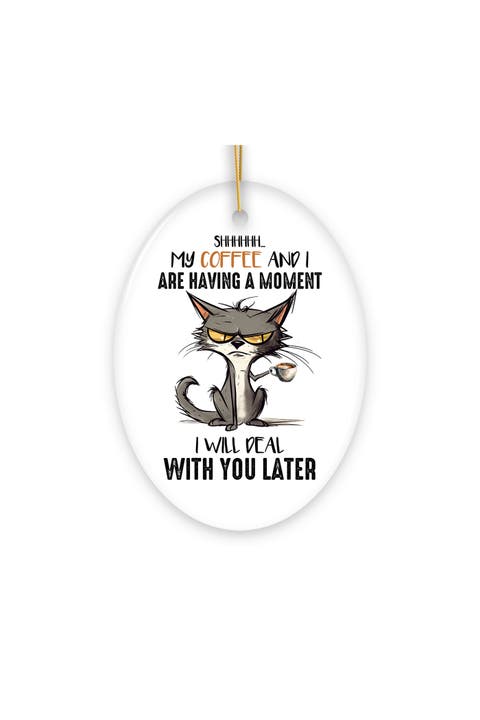 Grumpy Coffee Cat Oval Ceramic Ornament