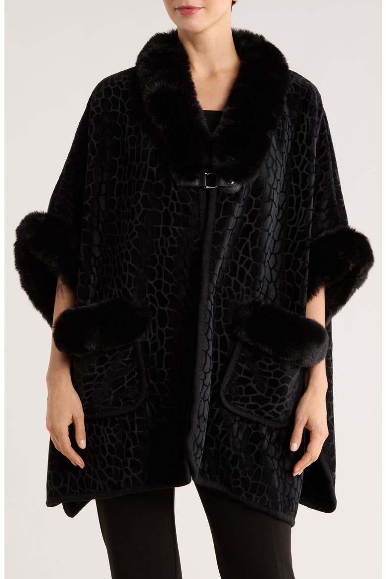 Front Pocket Faux Fur Trim Cape, Main, color, BLACK
