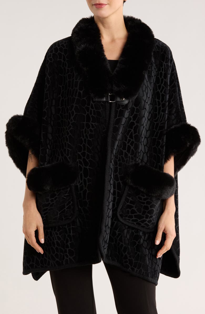 PATRIZIA LUCA Front Pocket Faux Fur Trim Cape, Main, color, Black
