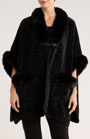 PATRIZIA LUCA Front Pocket Faux Fur Trim Cape