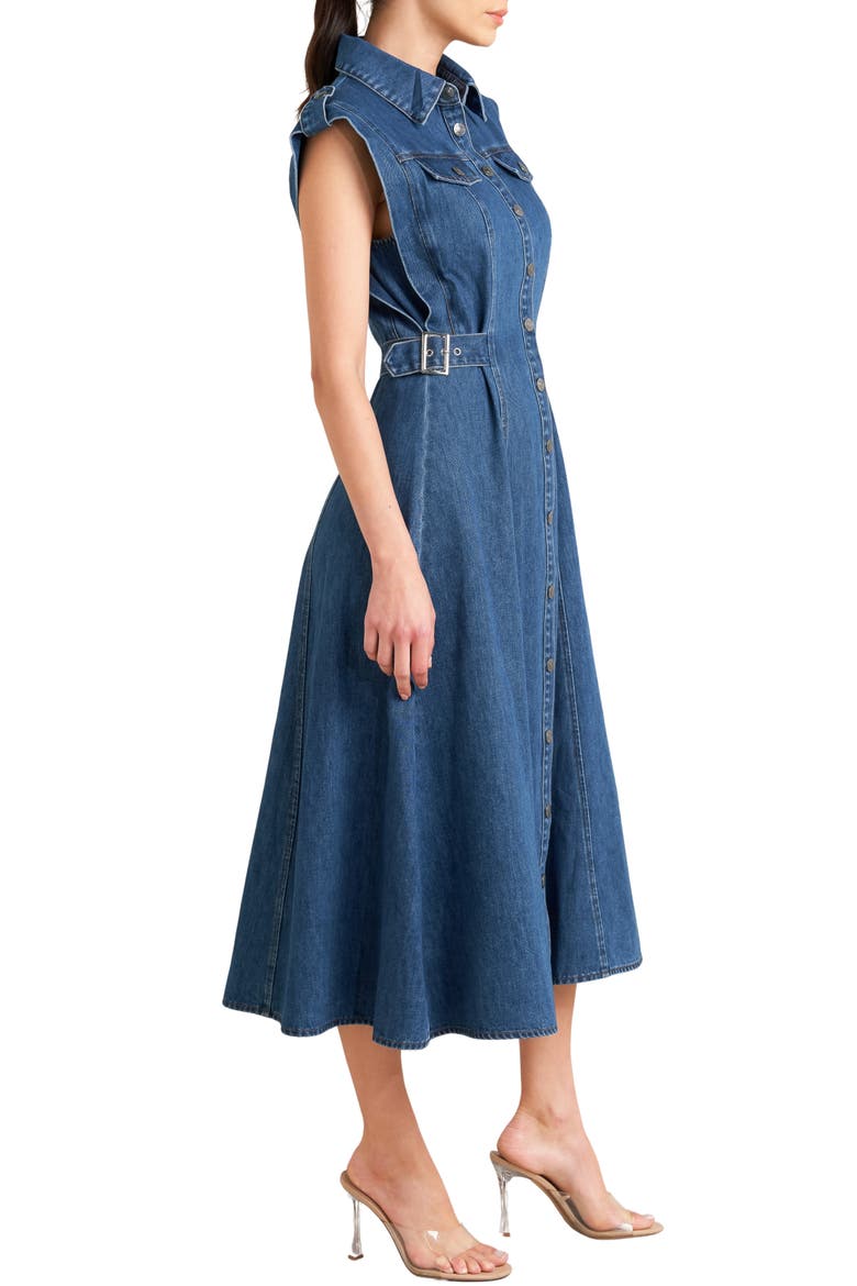 Buckle Tab Denim Fit & Flare Midi Dress, Alternate, color, DENIM