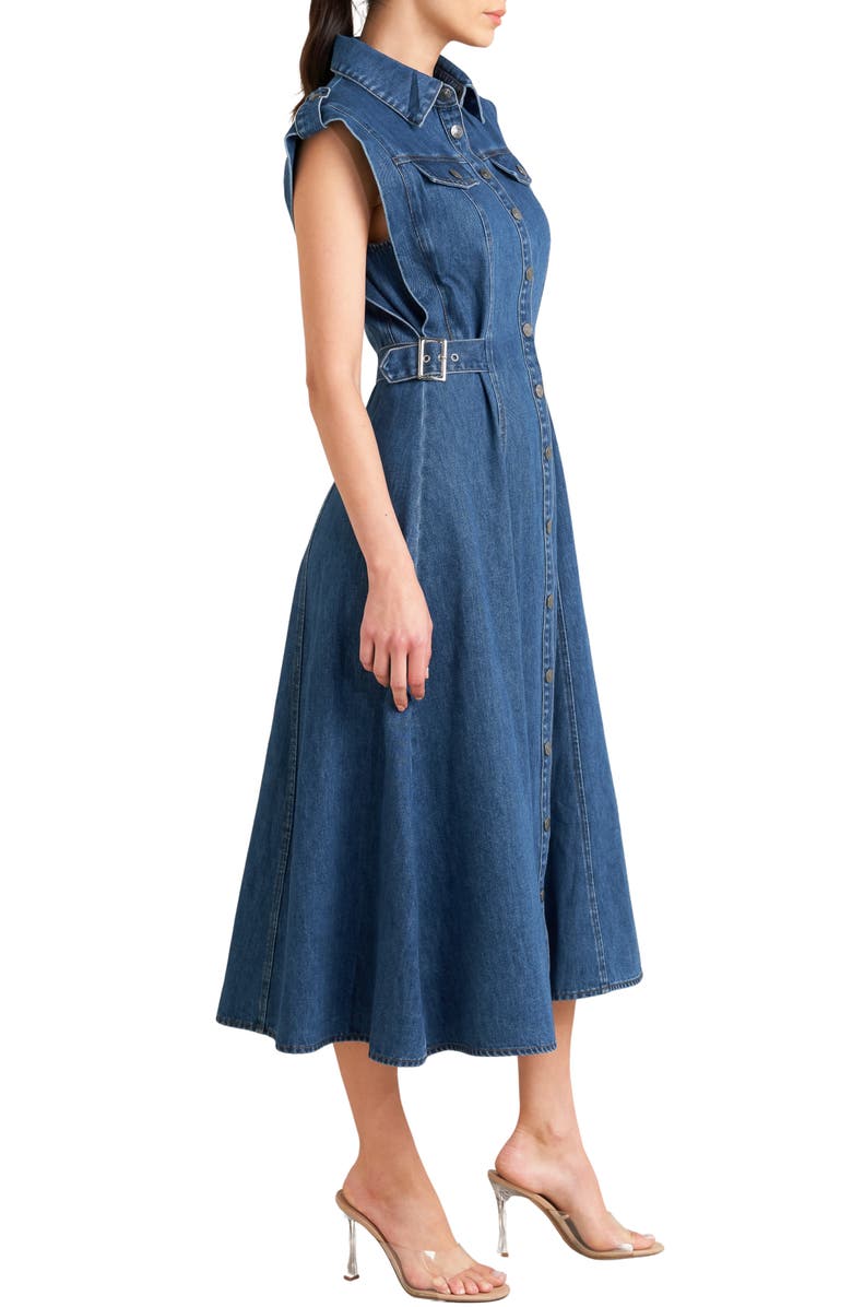 FREEMARKET Buckle Tab Denim Fit & Flare Midi Dress, Alternate, color, Denim