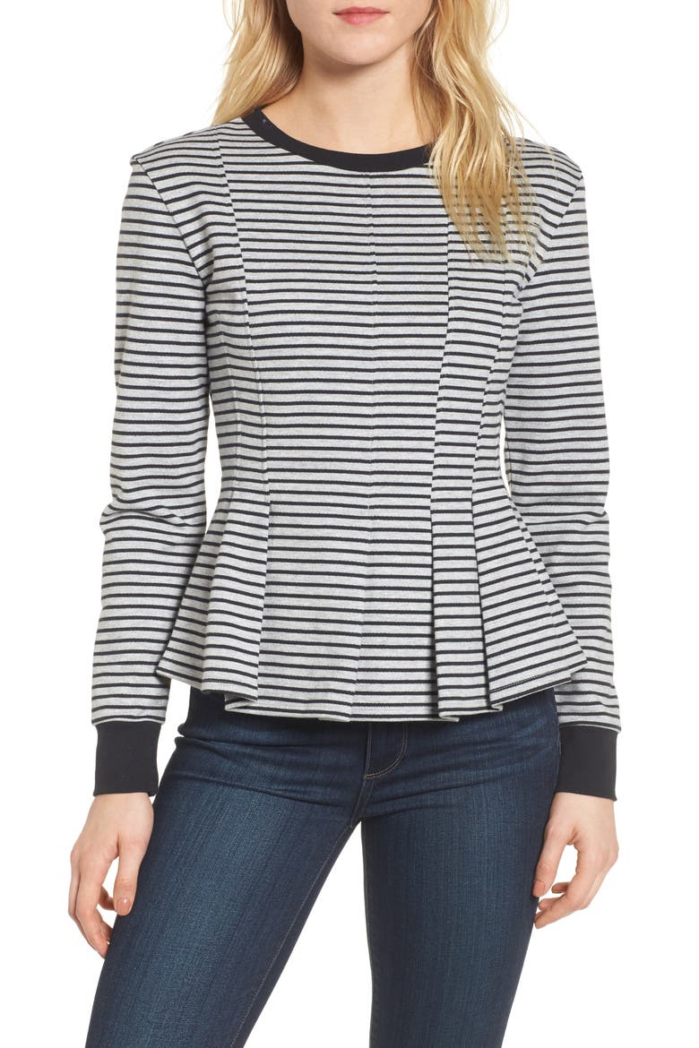 Pleated Sweatshirt, Main, color, GREY HEATHER- NAVY SEAM STRIPE