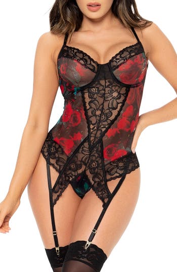 Lace Slip On Underwire Teddy And Garter Set