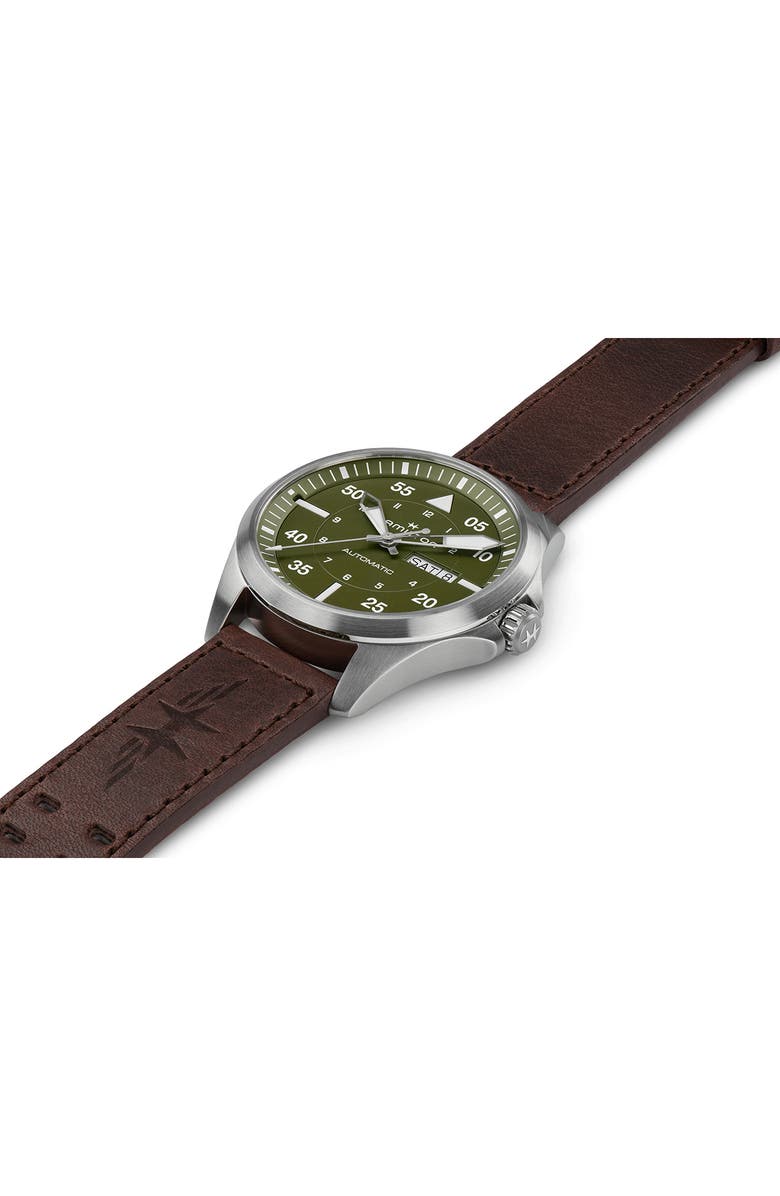 Hamilton Khaki Aviation Leather Strap Watch, 42mm, Alternate, color, Green