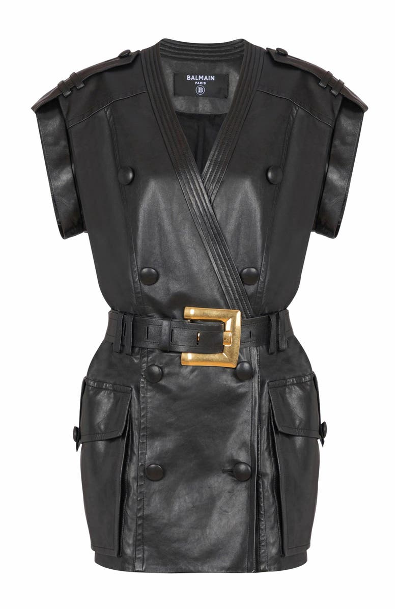 Balmain Lambskin Leather Short Belted Dress, Alternate, color, Black