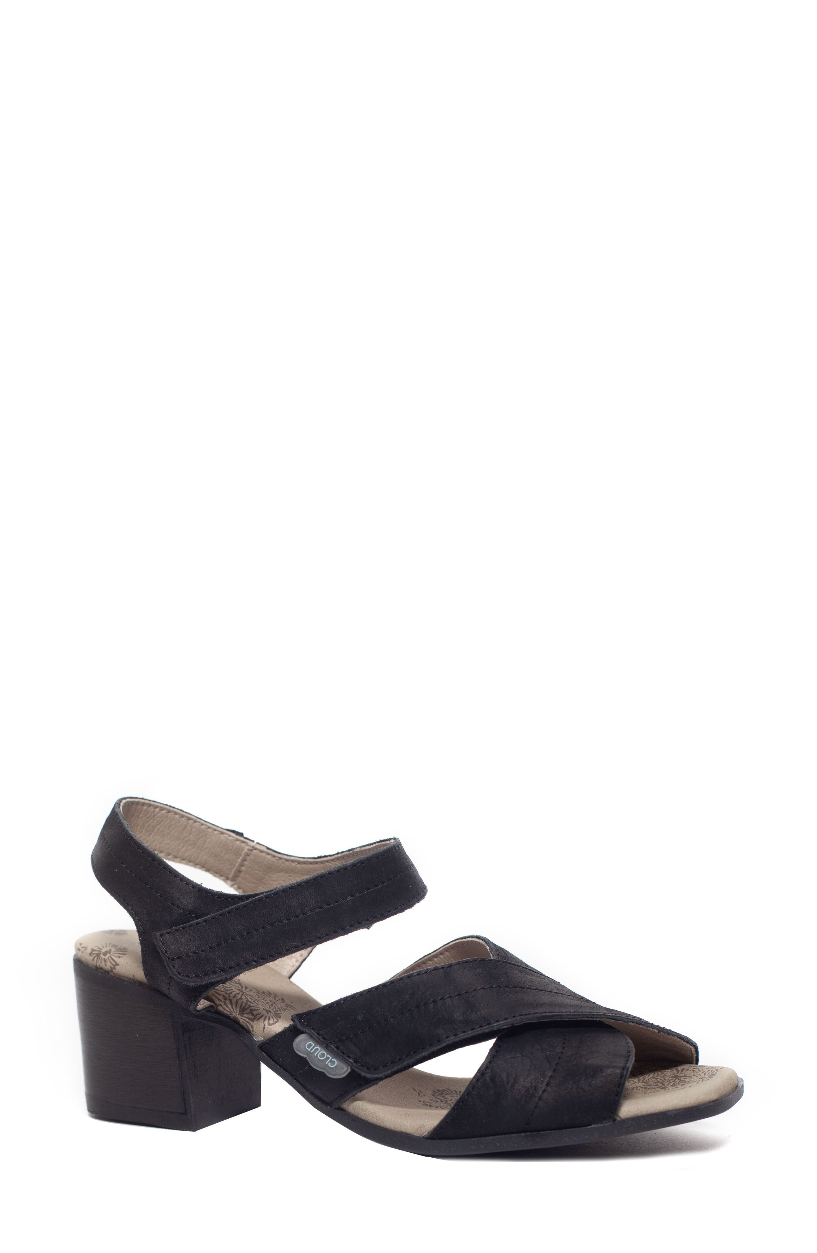 CLOUD Shine Block Heel Sandal, Main, color, Black Distress
