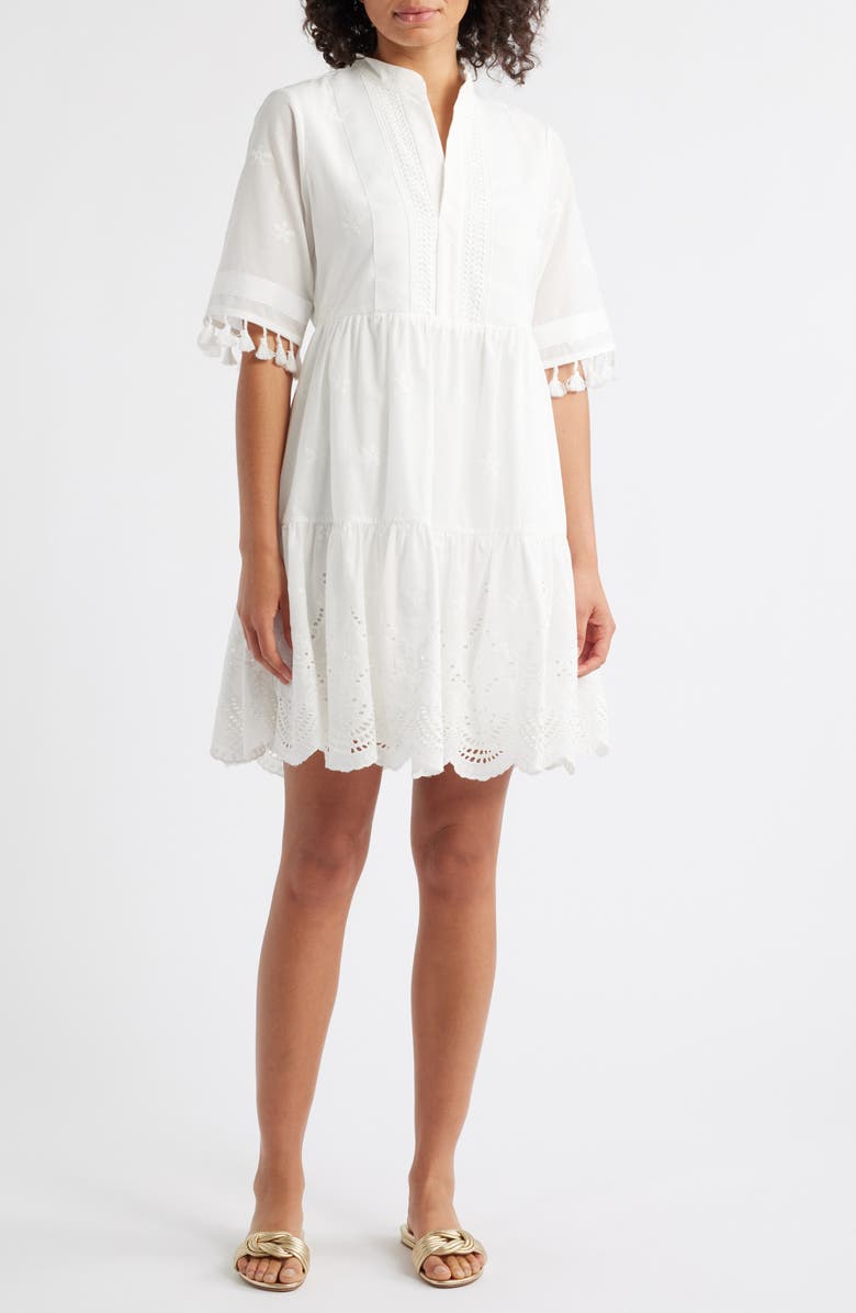 Tahari ASL Eyelet Embroidery Tiered Cotton Shift Dress, Main, color, 