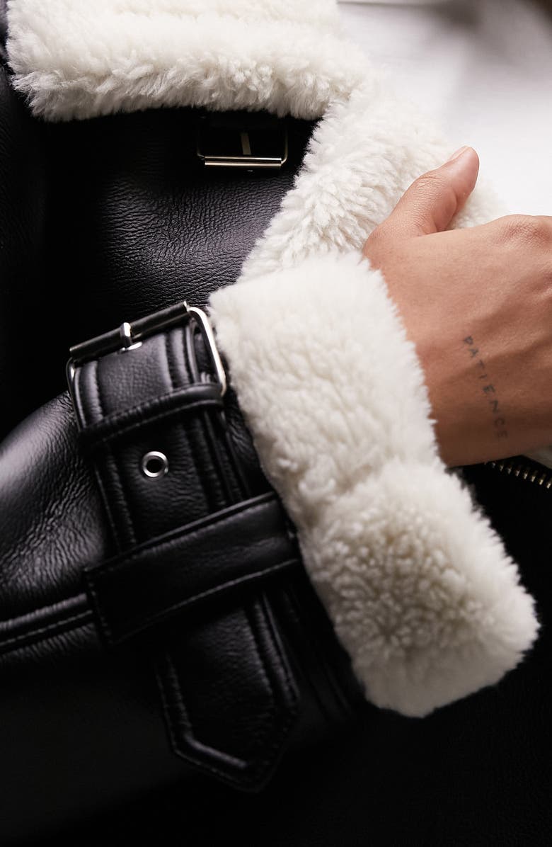 Topshop Curve Faux Leather Aviator Jacket with Faux Shearling Trim, Alternate, color, 