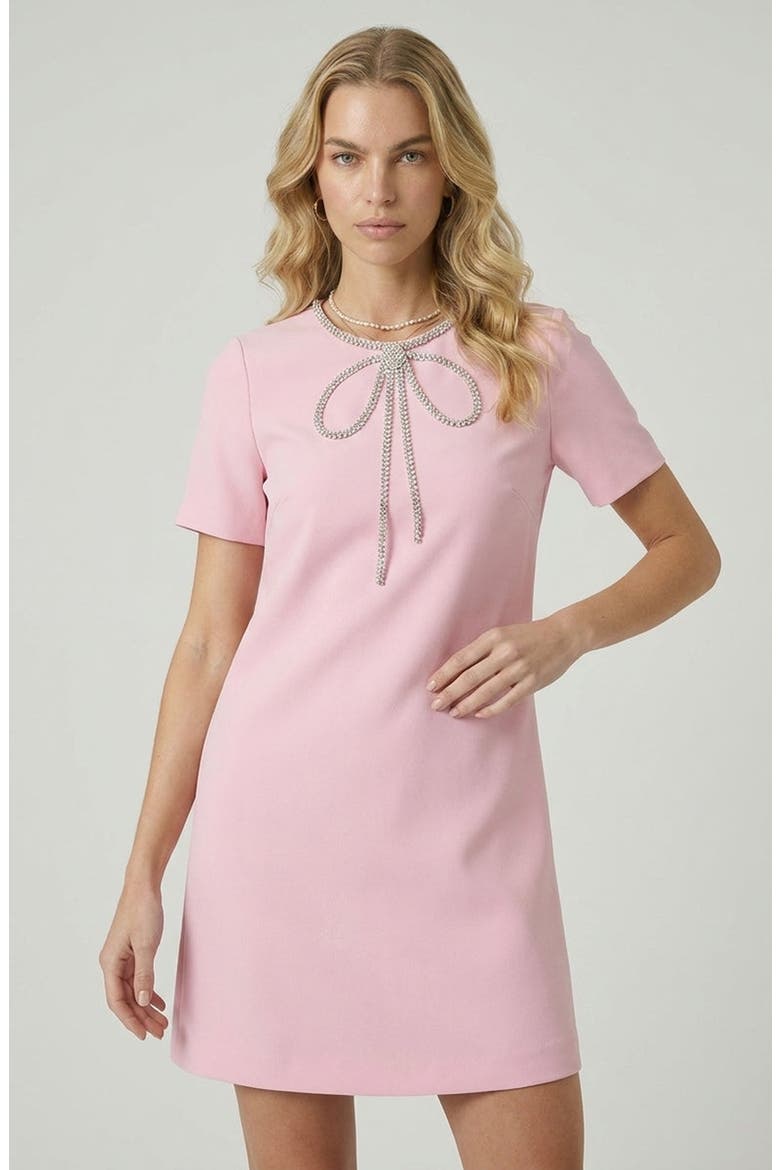 Rhinestone Bow Detail Short Sleeve Mini Dress, Main, color, Pink