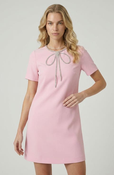 Rhinestone Bow Detail Short Sleeve Mini Dress