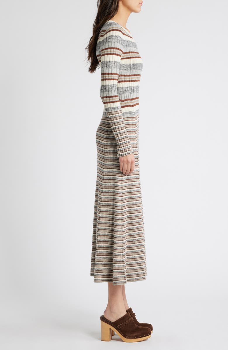 Treasure & Bond Stripe Long Sleeve Rib Midi Sweater Dress, Alternate, color, Grey- Brown Vary Stripe