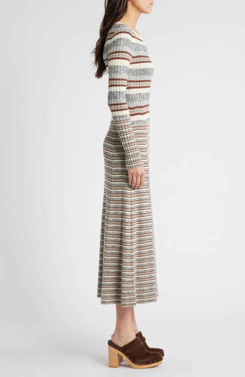 Treasure & Bond Stripe Long Sleeve Rib Midi Sweater Dress In Grey- Brown Vary Stripe