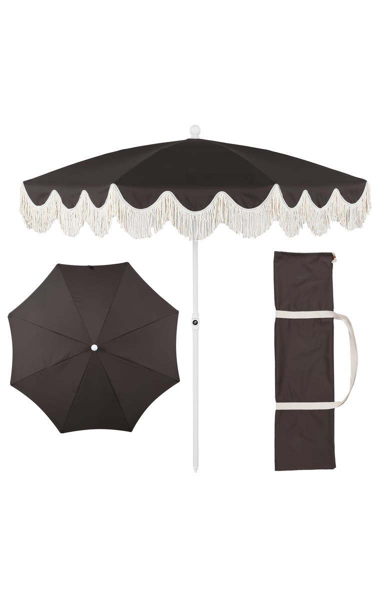 JONATHAN Y Mariner 6.5 ft. Classic Cottage Fringe Tassel Market Beach Umbrella with Push Button Tilt, Main, color, Black - White Pole