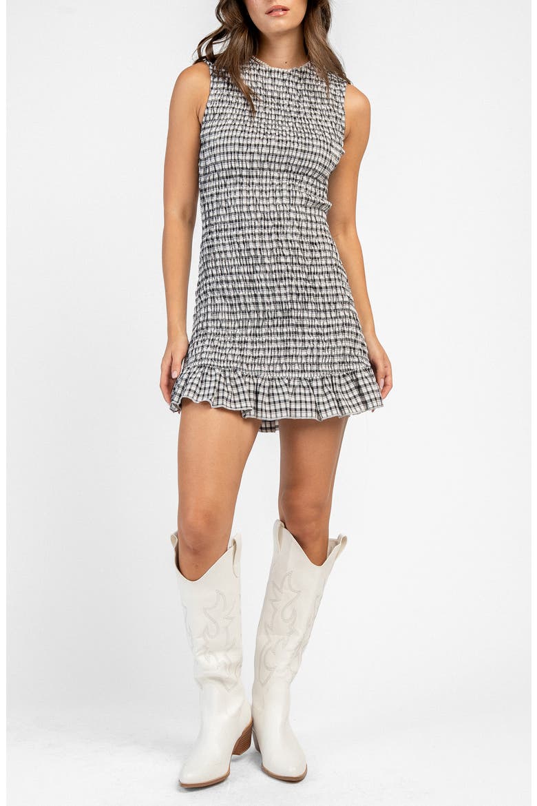 Ruched Smocked Plaid Minidress, Main, color, BLACK/ WHITE