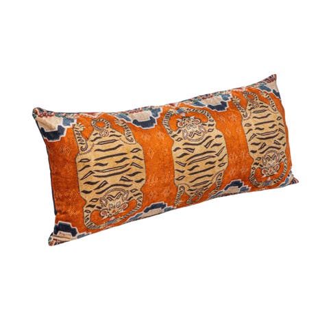 Cotton Velvet Tigers Pattern Lumbar Pillow, Multicolor