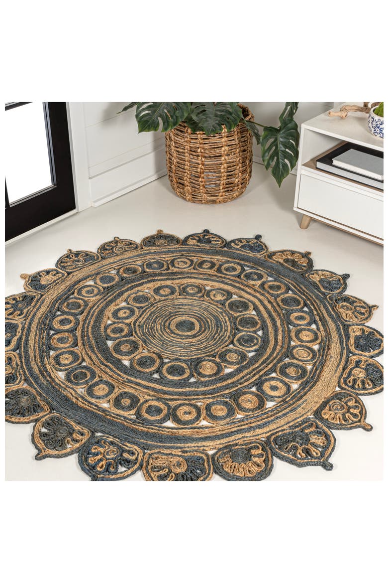 Flora Medallion Contemporary Bohemian Round Jute Round Area Rug, Alternate, color, Blue/Natural
