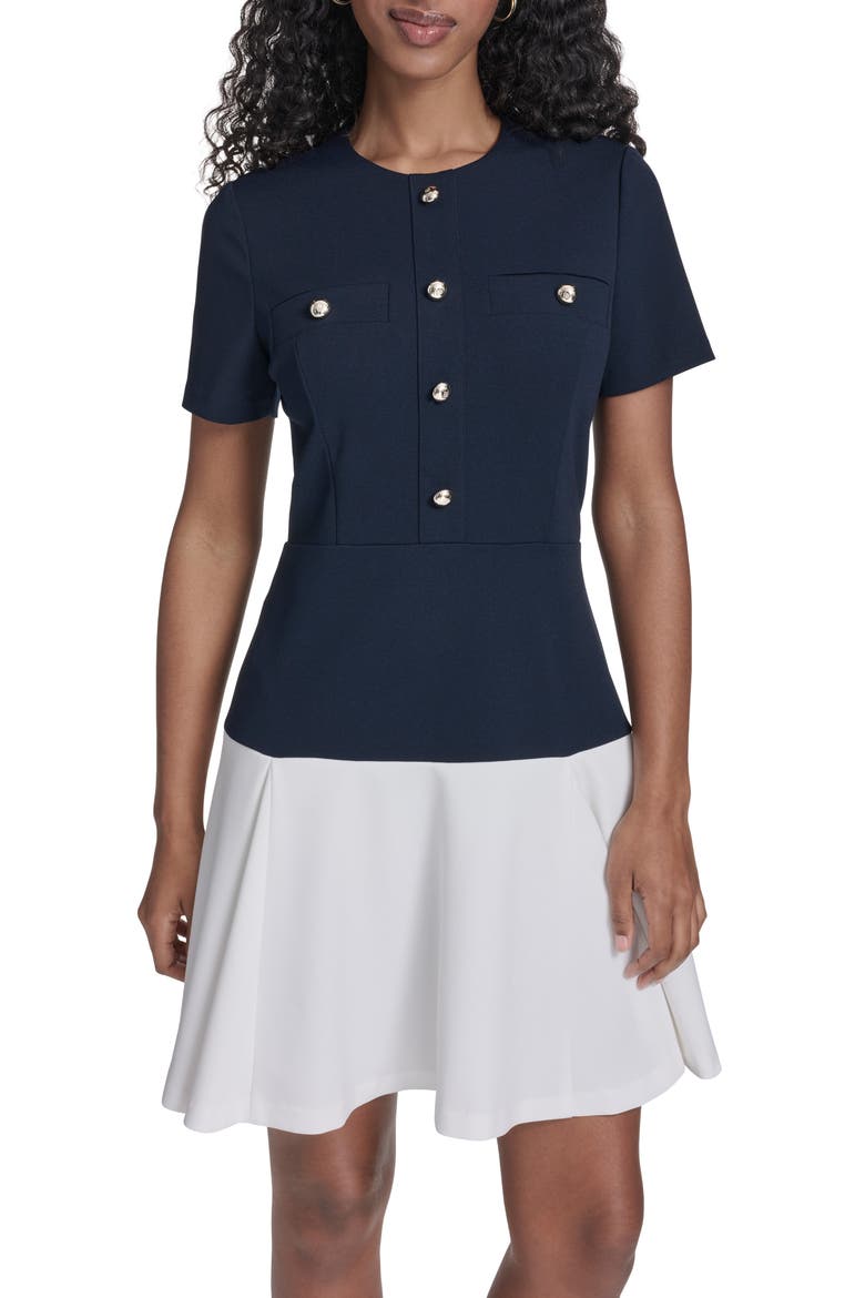 Colorblocked Scuba Crepe Dress, Alternate, color, SKY CAPTAIN/ WHITE