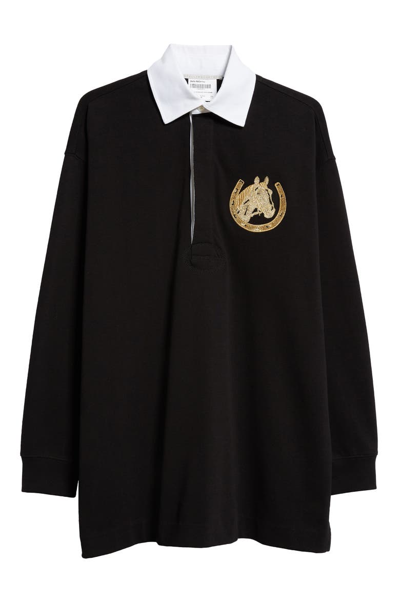 Oversize Metallic Embroidered Detail Cotton Rugby Shirt, Alternate, color, 1000 BLACK