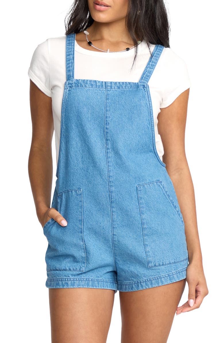 Billabong Beach Crush Denim Shortalls, Main, color, Salt Washed