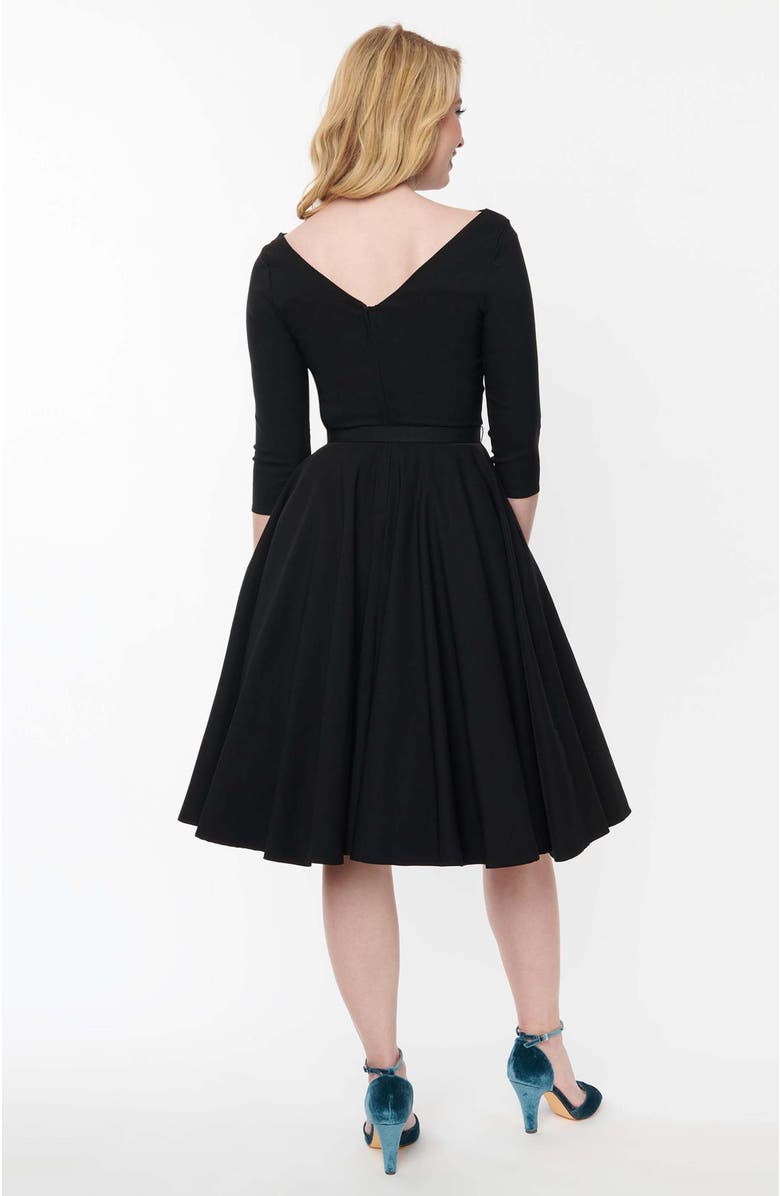 Unique Vintage Three Quarter Sleeve Belted Devon Swing Dress, Alternate, color, Black