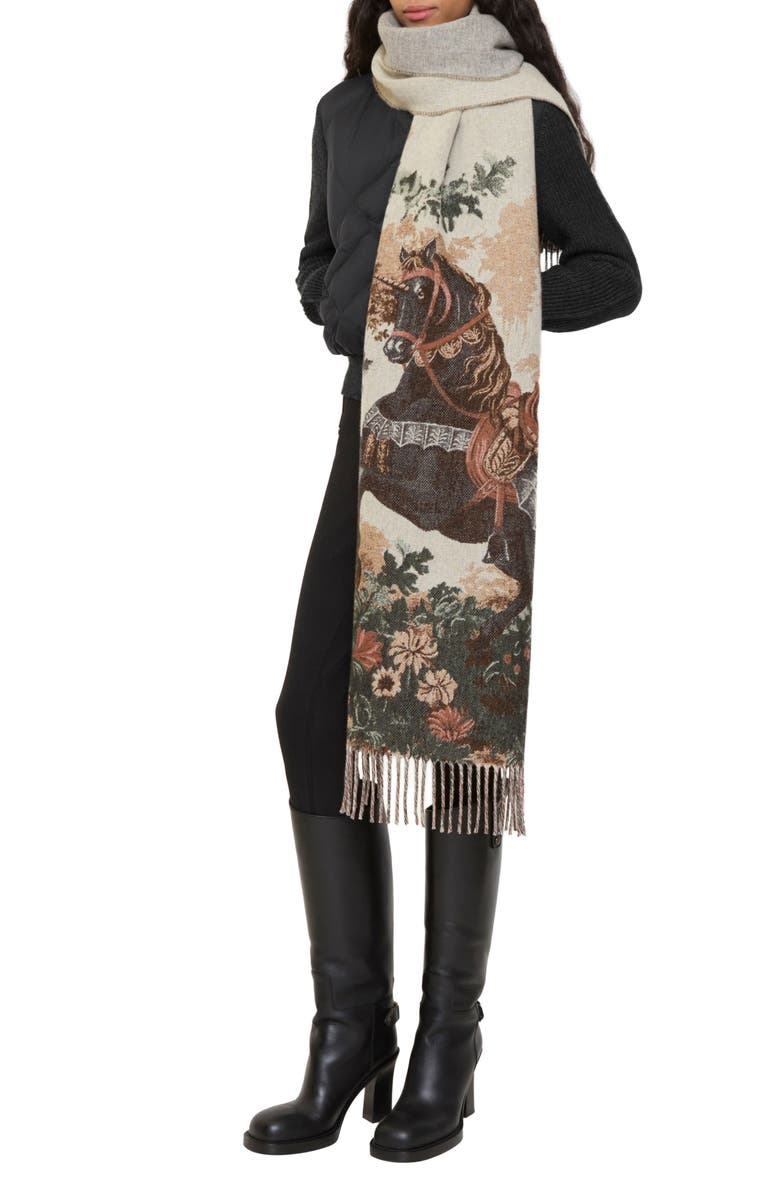 Burberry Stallion Portrait Jacquard Cashmere Fringe Scarf, Main, color, Ceramic White