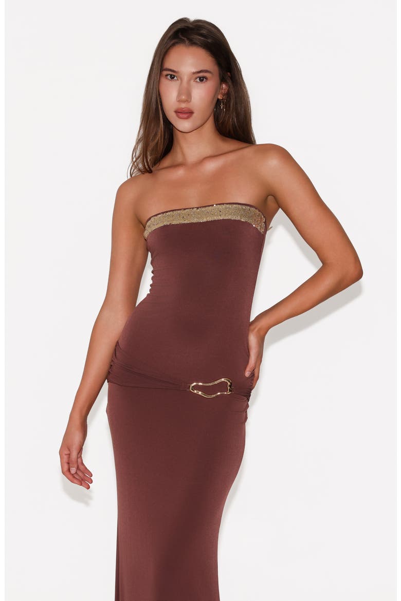 Sequin Detail Strapless Body-Con Gown, Alternate, color, CINNAMON CHOCOLATE