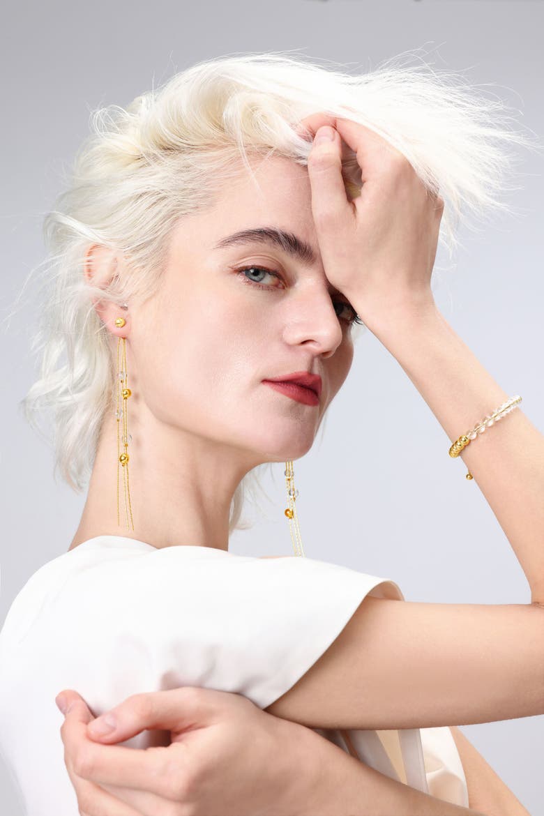 FrostLily Mini Clear Crystal and Bead Drop Earrings, Alternate, color, Gold