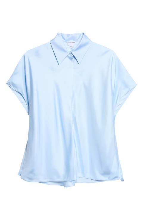 Layered Short Sleeve Silk Twill Button-Up Shirt