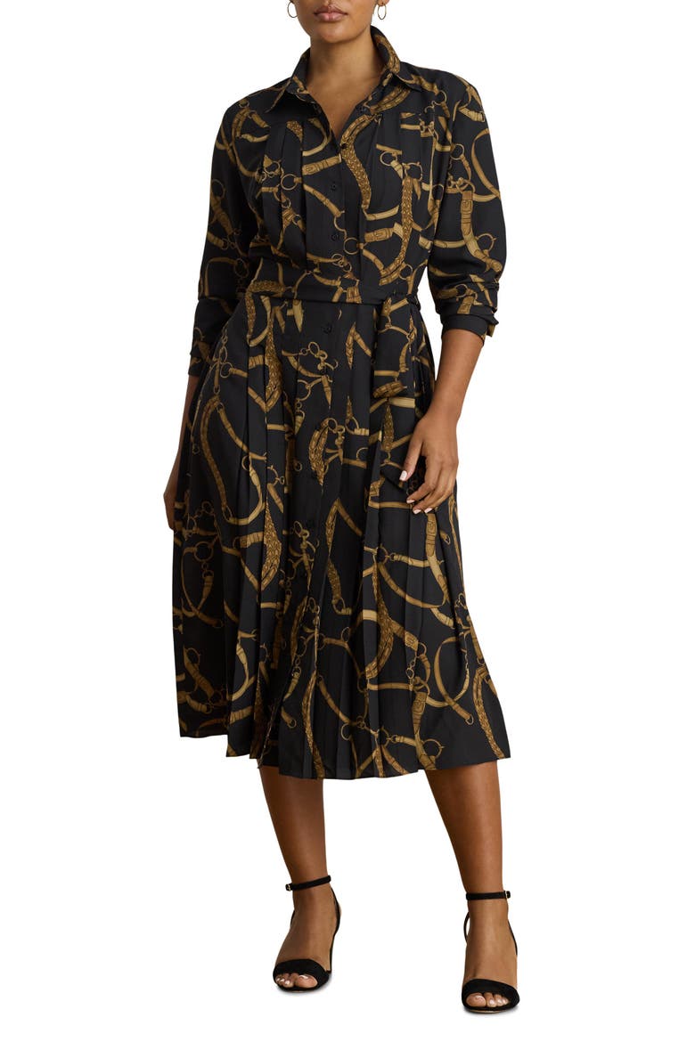 Belt Print Long Sleeve Crêpe de Chine Midi Shirtdress, Alternate, color, BLACK/ MULTI