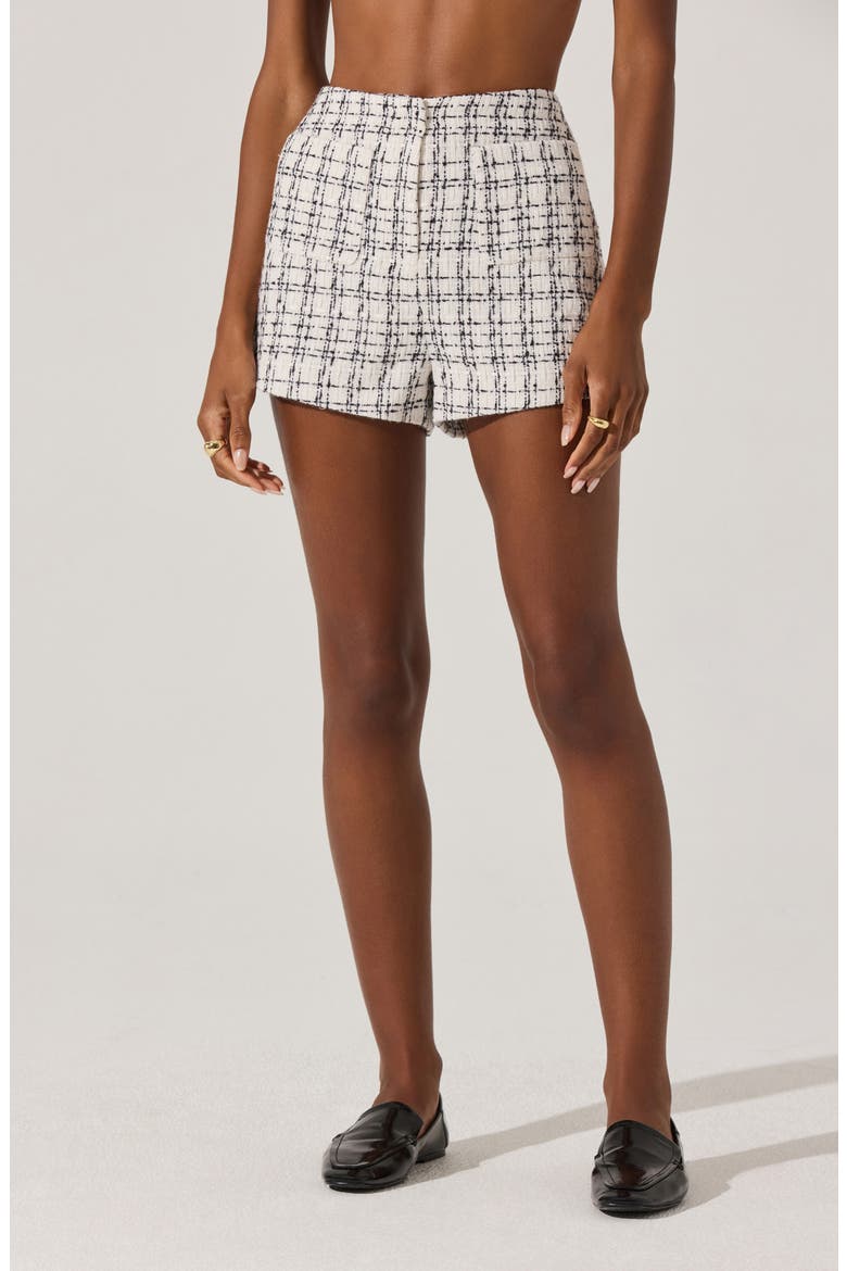 Faux Pearl Trim High Waist Tweed Shorts, Main, color, WHITE BLAC