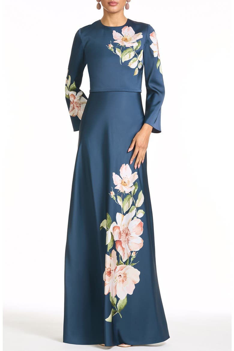 Alex Long Sleeve Floral Gown, Main, color, NIGHT BLOOMS