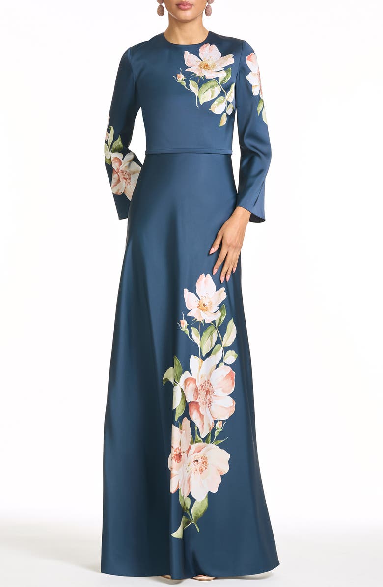 Sachin & Babi Alex Long Sleeve Floral Gown, Main, color, Night Blooms