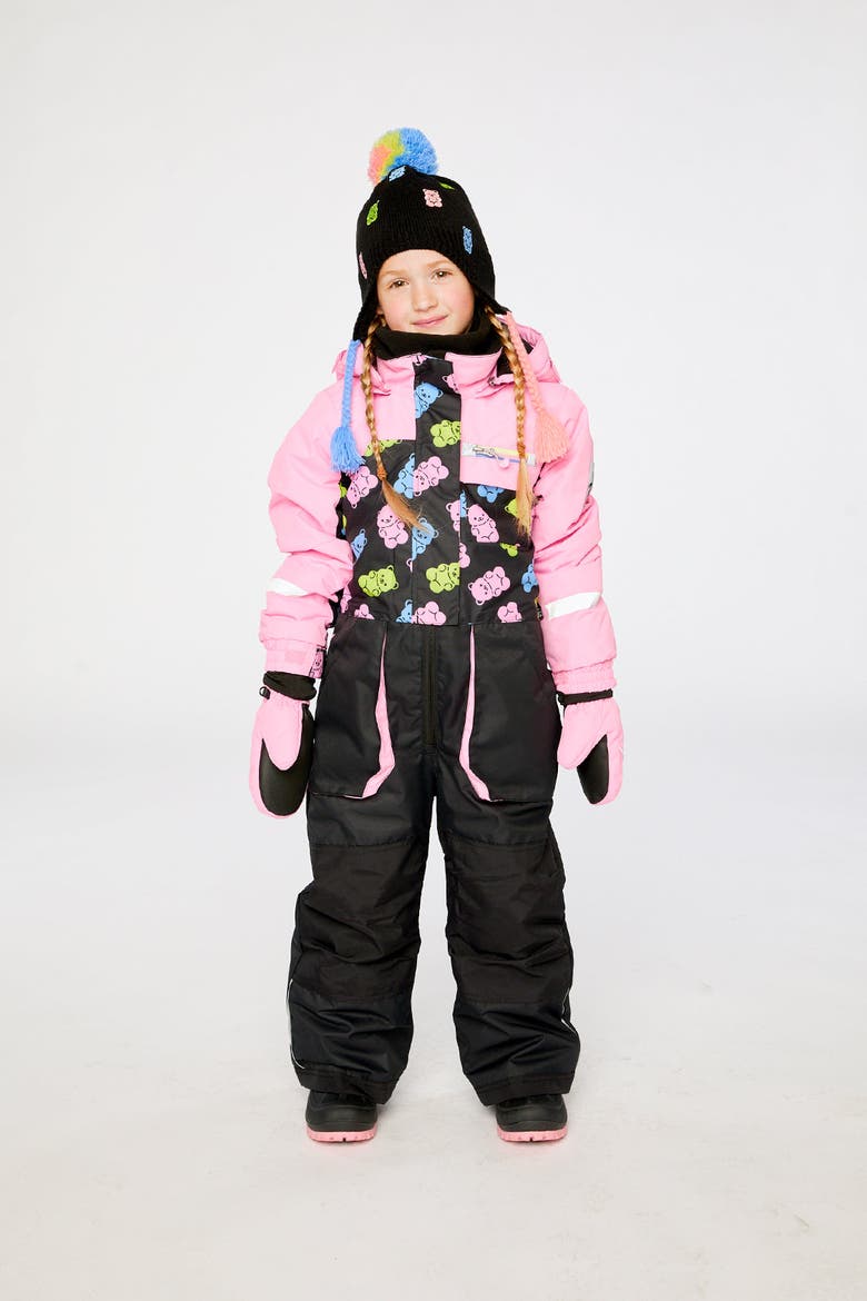 Play Gummy Bear Hood & Expandable Sleeve One Piece Snowsuit, Alternate, color, Black Gummy Bear Print
